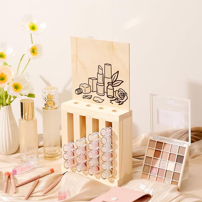 Yalikop 4 Slot Wooden Lipsticks Holder with DIY Wood Cardboard 0.7 Inch Lip Balm Tube Holder Lip Gloss Organizer Display Wood Lipsticks Tube Organizer for Market Craft Booth Room Display