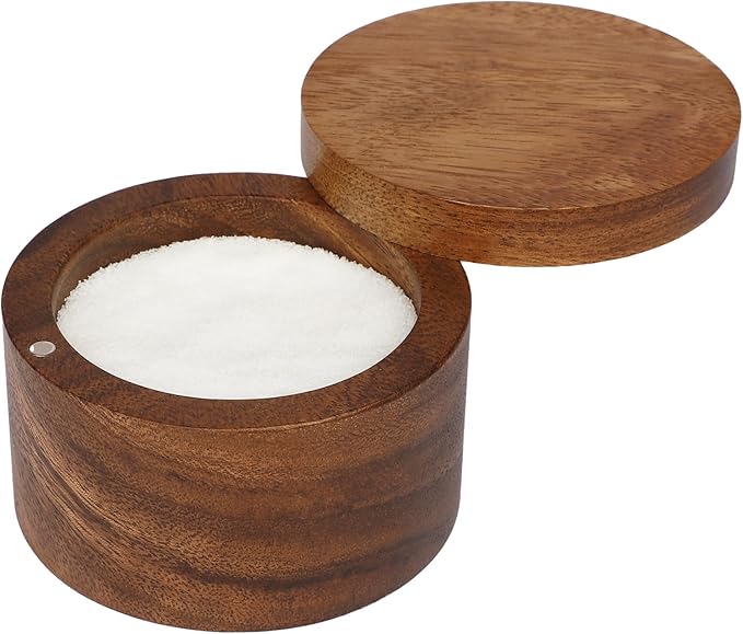 Acacia Wood Salt Cellar Bowl Box, Elegant Salt Container with Swivel Magnetic Lid for Keeping Table Salt, Bath Salt, Sea Salt, Peppers, Herbs or seasonings, One piece Wood No Glue