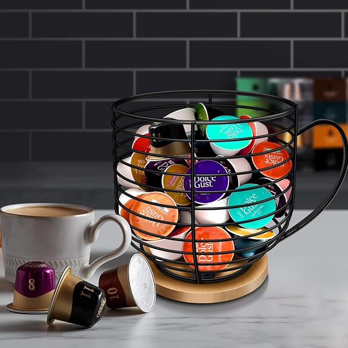 BYTEAIDREX Coffee Pod Holders for Counter - K Cup Holders for Counter - Coffee Pods Storage Organizer - Bar Accessories - Large Capacity Black Wire Kup Storage with Wooden Base.