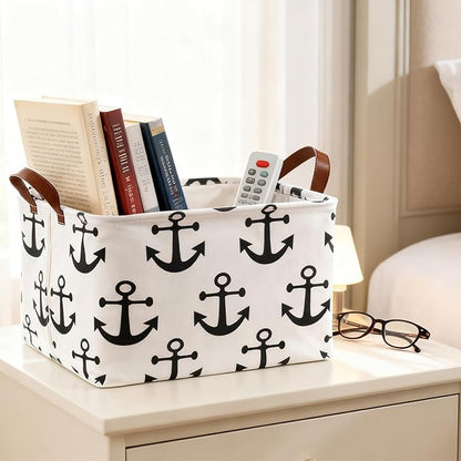 Collapsible Storage Basket with Handles, Waterproof Foldable Organizer Bin 15x10x9 Inches, Nautical Anchor Decor for Toys, Shelves, Home
