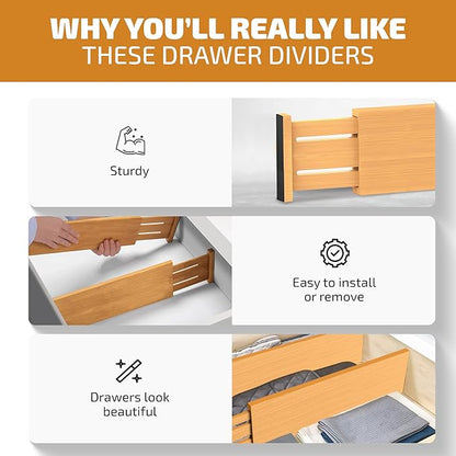 6-Pack Drawer Dividers - 4 Inches High, Adjustable 11 to 17 Inches Bamboo Drawer Organizers, Large Deep Expandable Separators for Clothes, Dresser, Bedroom, Bathroom, Baby, Office, Kitchen Utensils