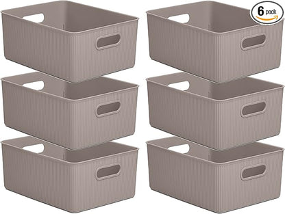 Decorative Plastic Basket Open Home Storage Bins Organizer, Large Taupe (6 Pack) Container Boxes for Organizing Closet Storage Bins for Shelves Drawer Shelf - Ribbed Collection 15 Liter/16 Quart