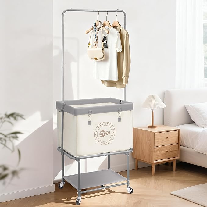 STORAGE MANIAC Rolling Laundry Cart with Hanging Bar & Storage Shelf, 110L Heavy Duty Large Laundry Basket with Clothes Hanging Rod, Study Clothes Hamper with Lockable Wheels, Beige