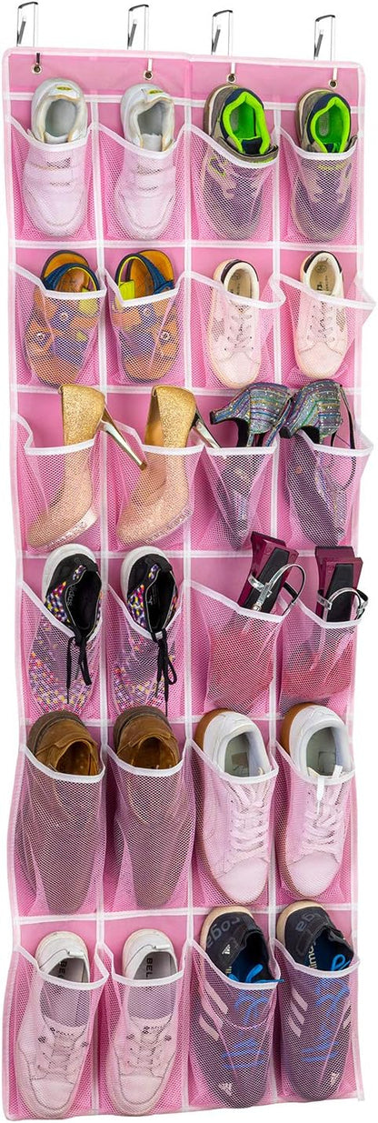 SAVERHO Hanging Shoe Organizer, Over The Door Shoe Organizer with 24 Breathable Mesh Pockets for Men Women Kids Hanging Shoe Storage Rack Organizer Size:58x21 Inch（Pink）