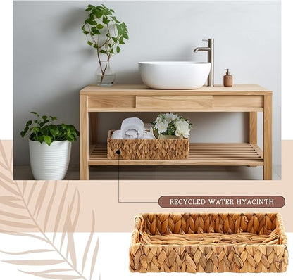 2 Pcs Toilet Paper Basket for Back of Toilet Wicker Water Hyacinth Basket Topper and Vanity Tray Set with Built-in Handles for Paper Hand Towel, Bathroom, Home, Spa(Light Brown)