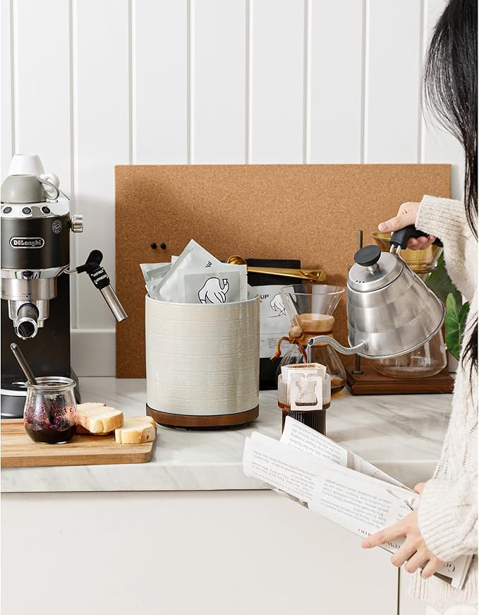 Utensil Holder, 360° Rotating Extra Large Ceramic Kitchen Utensil Holder for Countertop, 7.3" Cooking Utensil Crocks with Rotatable Wooden Base, Farmhouse Decor, Dusty Gray