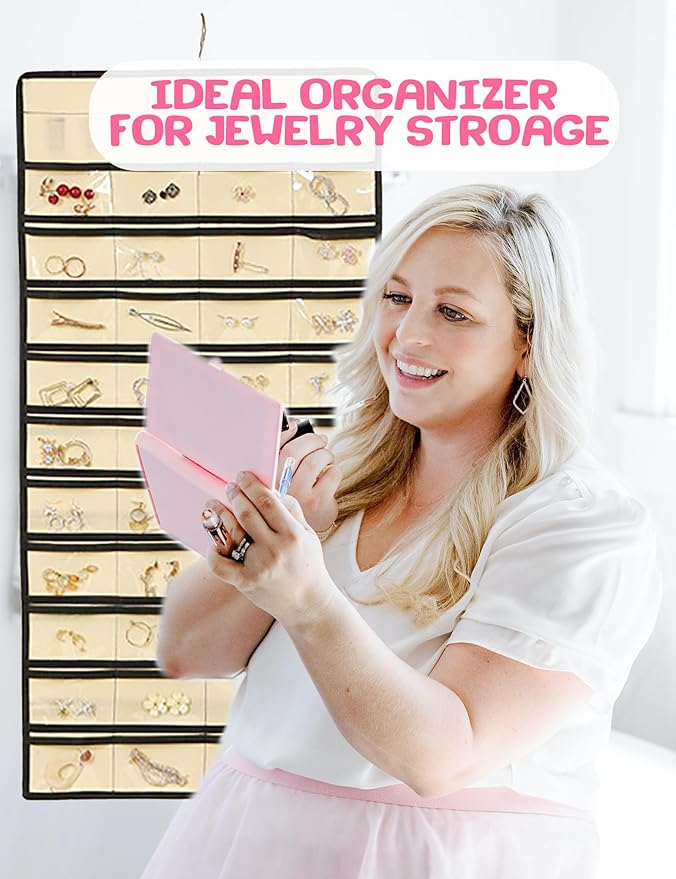ONEPEACE Hanging Jewelry Organizer: Necklace & Earring Holder with Pockets for Closet, Wall or Door (Beige)