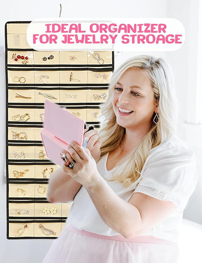 ONEPEACE Hanging Jewelry Organizer: Necklace & Earring Holder with Pockets for Closet, Wall or Door (Beige)