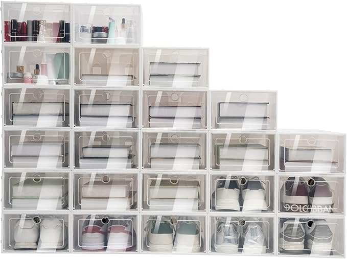 BAIDONB 24 Pack Plastic Foldable Shoe Box Cabinet, Shoe Rack with Door Clear Shoe Storage Organizer for Closet, Space Saving Stackable Shoe Rack for Entryway, Drop Front, Under Bed (24 Shoe Boxes)