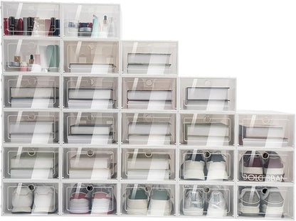 BAIDONB 24 Pack Plastic Foldable Shoe Box Cabinet, Shoe Rack with Door Clear Shoe Storage Organizer for Closet, Space Saving Stackable Shoe Rack for Entryway, Drop Front, Under Bed (24 Shoe Boxes)