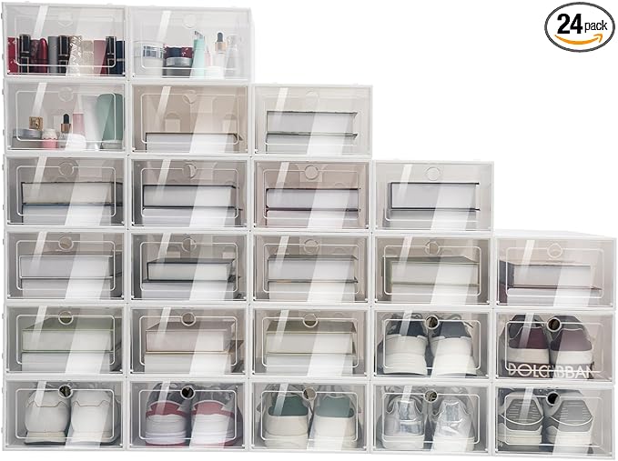 20/24pcs Pack Shoe Storage Box, Clear Plastic Stackable Shoe Organizer for Closet, Space Saving Foldable Shoe Rack Sneaker Container Bin Holder (24pack)