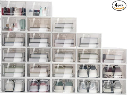24 Pack Shoe Storage Boxes, Clear Plastic Stackable Shoe Organizer, Foldable Shoe Rack Multi Storage Container Sturdy Sneaker Bin Holder