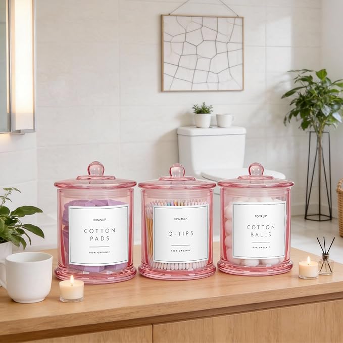 Ronasip 3 Pack Qtip Holder Dispenser, 16oz Bathroom Organizer and Storage Canisters, glass vanity organizer with lid - Home Decor, Room Decor Aesthetic (Pink)