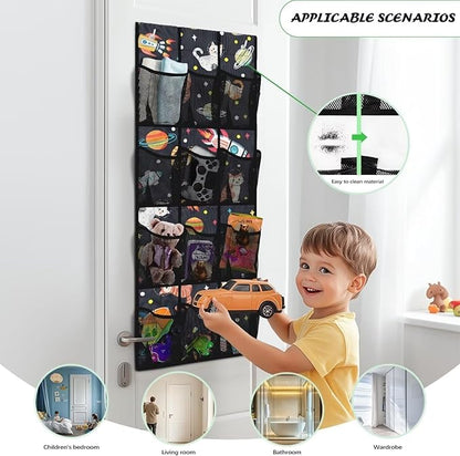 Planet Rocket Over the Door Shoe Rack 4 Shelf 12-Pocket Heavy Duty Hanging Storage Organizer No Drill Door Rack for Toys Snacks Shoes Large Storage Bag for Kids Room