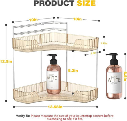 Asayuee 2-Tier Corner Bathroom Counter Organizer with Top Toothbrush Holders,Large Makeup Organizer Countertop with Brush Holder,Skincare Organizers Corner,Exquisite Vanity Organizer (Gold, 2 Tier)