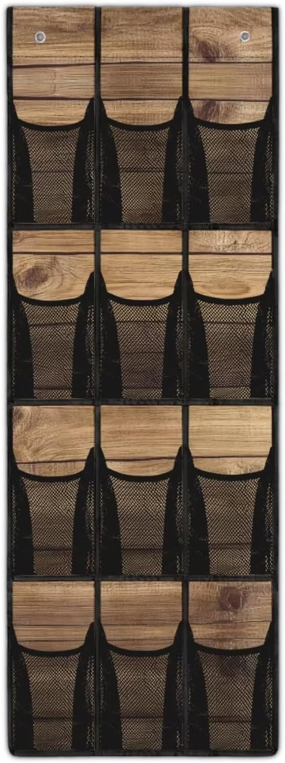Wood Pattern Door Hanger Organizer 12 Pockets Behind The Door Organizer for Living Room Brown Wall Hanging Storage Easy to Install Multi-Funtion Storage Bag for School