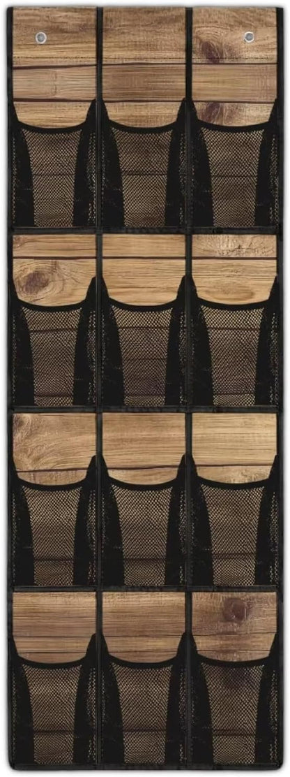 Wood Pattern Door Hanger Organizer 12 Pockets Behind The Door Organizer for Living Room Brown Wall Hanging Storage Easy to Install Multi-Funtion Storage Bag for School