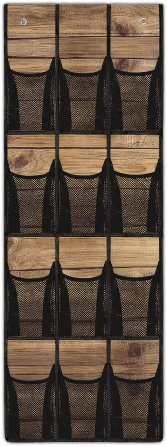Wood Pattern Door Hanger Organizer 12 Pockets Behind The Door Organizer for Living Room Brown Wall Hanging Storage Easy to Install Multi-Funtion Storage Bag for School