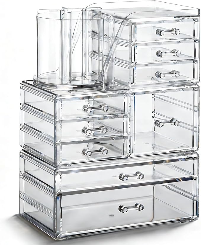 OTYMIOW 3 Tier Clear Acrylic Makeup Organizer Countertop with Brush Holder and 9 Drawers, Bathrooms, Stackable Large Makeup Organizer for Store Skincare, Brushes, Hair Accessories