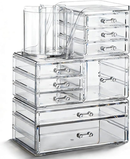 OTYMIOW 3 Tier Clear Acrylic Makeup Organizer Countertop with Brush Holder and 9 Drawers, Bathrooms, Stackable Large Makeup Organizer for Store Skincare, Brushes, Hair Accessories