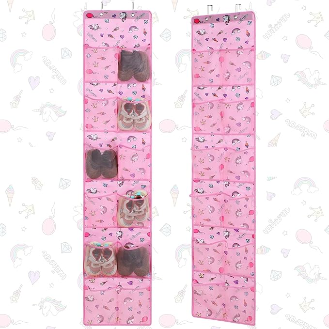 Windyun 2 Pcs Kids over The Door Shoe Organizer 24 Pockets Unicorn Baby Water Bottle Organizer Rack Hanging Girls Pink Shoe Storage for School Door Closet Bedroom Wall