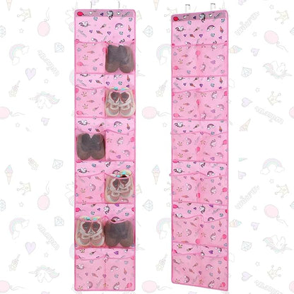 Windyun 2 Pcs Kids over The Door Shoe Organizer 24 Pockets Unicorn Baby Water Bottle Organizer Rack Hanging Girls Pink Shoe Storage for School Door Closet Bedroom Wall
