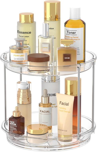 360 Rotating Makeup Organizer – 2 Tier Lazy Susan Turntable Organizer, Clear Bathroom Counter Organizer for Vanity, Spinning Skincare Perfume Tray for Bathroom, Dresser, Kitchen Cabinet
