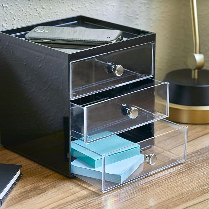 mDesign Makeup Organizer Storage Station Cube with 3 Drawers for Bathroom Vanity, Cabinet, Countertops - Holds Lip Gloss, Eyeshadow Palettes, Brushes, Blush, Mascara - Black/Clear