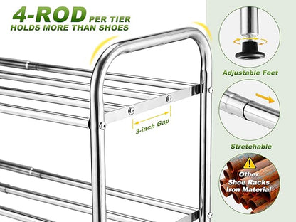 4-Tier Expandable Shoe Rack – Adjustable Heavy Duty Organizer Shelf | 100% Stainless Steel & 4-Rod Stretchable | Small Space Shoe Rack for Closet Entryway (15" to 27", Silver)