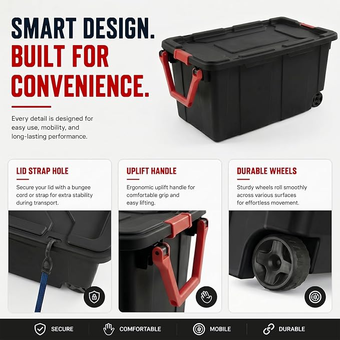 Extra Large 40 Gallon Wheeled Industrial Storage Bins, Heavy Duty Plastic Stackable Totes with Latch Lids and Pull Handle for Garage, Basement, and Moving, Black Box and Red Handle, 2 Pack
