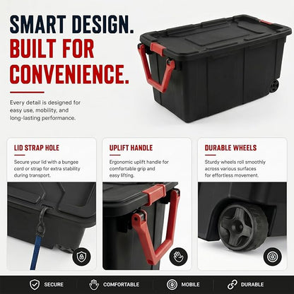 Extra Large 40 Gallon Wheeled Industrial Storage Bins, Heavy Duty Plastic Stackable Totes with Latch Lids and Pull Handle for Garage, Basement, and Moving, Black Box and Red Handle, 2 Pack