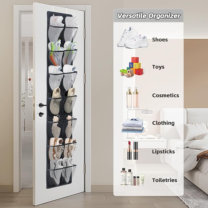PVWSG Over The Door Shoe Organizer, 14 Large Mesh Pockets Hanging Shoe Rack for Closet Organizers and Storage, 2-pack (black)