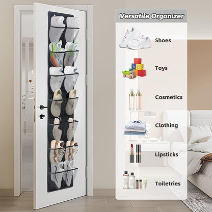 PVWSG Over The Door Shoe Organizer, 14 Large Mesh Pockets Hanging Shoe Rack for Closet Organizers and Storage, 2-pack (black)
