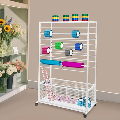 Commercial Ribbon Holder Organizer w/ 16 Rods & Locking Wheels - 59" Mobile Craft Storage for Florists, 4-Tier w/Mesh Basket (White, 39.37 * 12.6 * 59.06in)