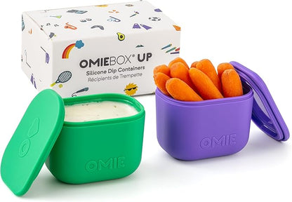 OmieBox UP (2 pack) Leakproof Dips Containers To Go, Salad Dressing Container, Condiment Container with Lids - Food Safe Silicone - 4.5 ounces (Purple/Green)