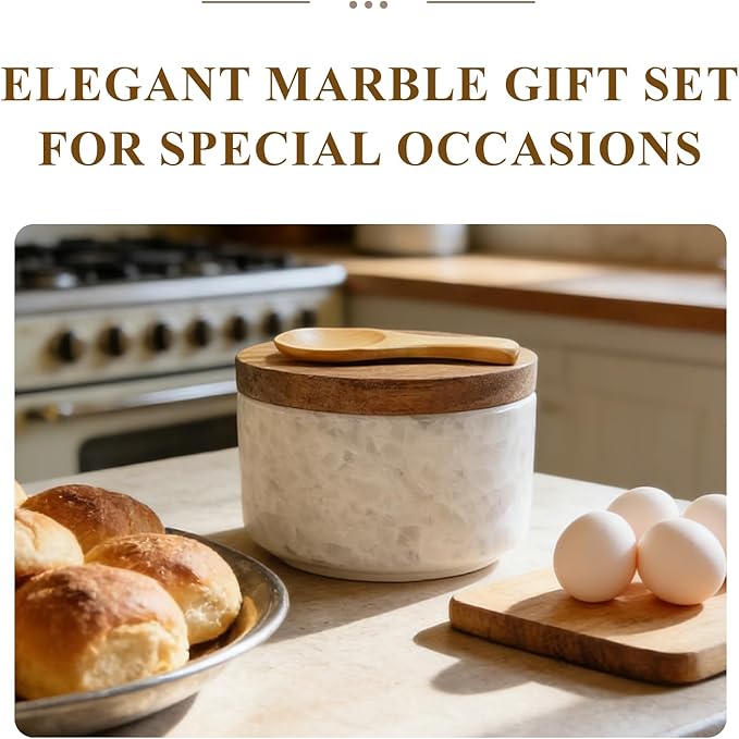 White Marble Salt cellar. Spice jars with Acacia Wood Lid and Spoon, Elegant Modern Handcrafted Container for Countertop
