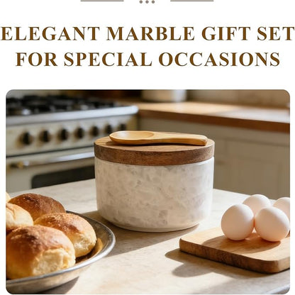 White Marble Salt cellar. Spice jars with Acacia Wood Lid and Spoon, Elegant Modern Handcrafted Container for Countertop