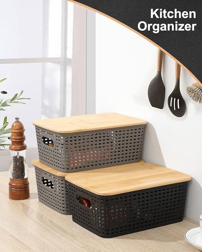 AREYZIN Storage Bins with Bamboo Lids Set of 6 Lidded Storage Container Plastic Baskets Organizer Bins for Organizing Kithen Room Bedroom Office Closet, Sturdy(Grey)