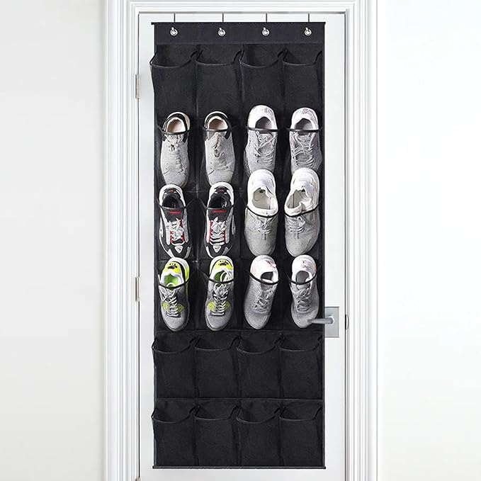Over the Door Shoe Organizer, 24 Mesh Pockets with Ventilated Design, Space Saving Storage for Shoes Accessories Bathroom Pantry