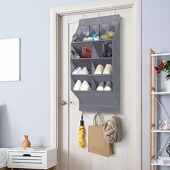 Over The Door Shoe Bag with Pockets | 600D Oxford Fabric Breathable Hanging Storage | Space Saving Shoe Rack for Closet/Dorm/Entryway | Multi - Purpose Organizer, Hooks (Gray)