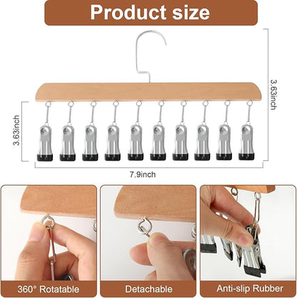 Hat Hangers for Closet, Hat Organizer for Baseball Caps, 2 Pack Hat Rack with 10 Traceless Clips Fits All Caps & Pants, 360° Swivel Big Hook Closet Organizer and Storage (Natural Wood Color)