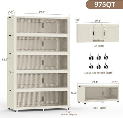 SAILUN 400Gal Extra Large Stackable Storage Bins with a Lid, Collapsible Storage Bins With Doors and Wheels, Foldable Storage Cabinet for Garage Closet Organization, Beige, 5Pack 39.4" W