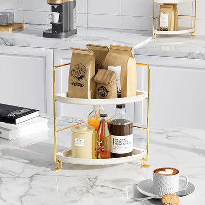 FSyueyun 2-Tier Corner Bathroom Counter Organizer, Tool-Less Installation Vanity Shelf Small Plastics Countertop Makeup Tray Skincare Perfume Organizers (Gold)