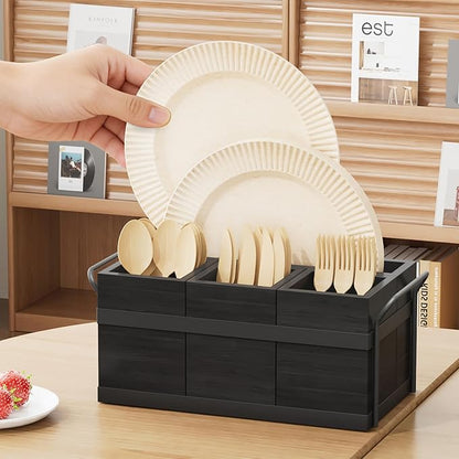 Wood Silverware Caddy Paper Plate Dispenser Utensil Caddy, Cutlery Holder for Party Cutlery Flatware Organizer Box for Knives, Spoons, Cups, Forks, Napkins