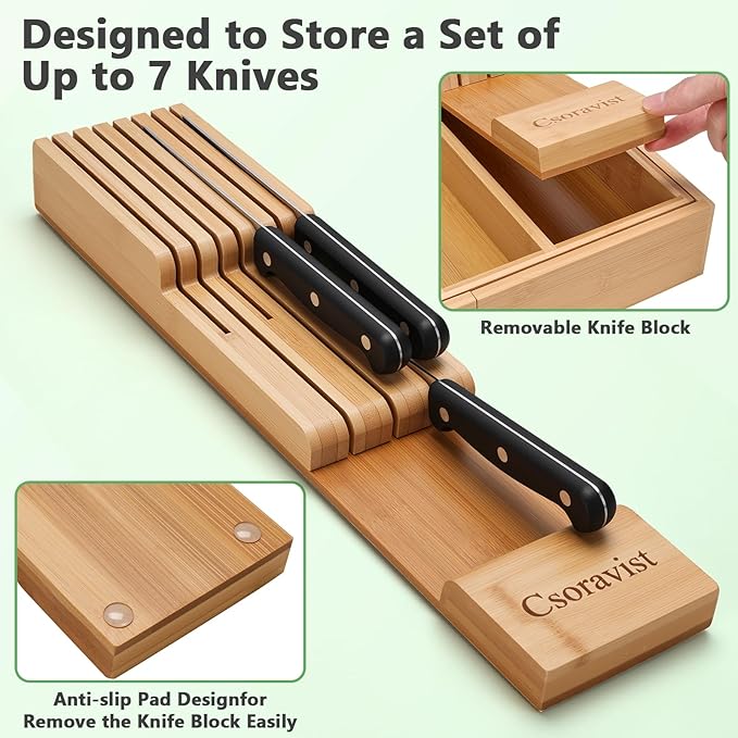 9-Piece Bamboo Kitchen Drawer Organizer Set, Expandable Silverware &Utensil Organizer with Removable Knife Block & Steak Knives, Flatware Organization, Tableware Dividers Storage(Natural)