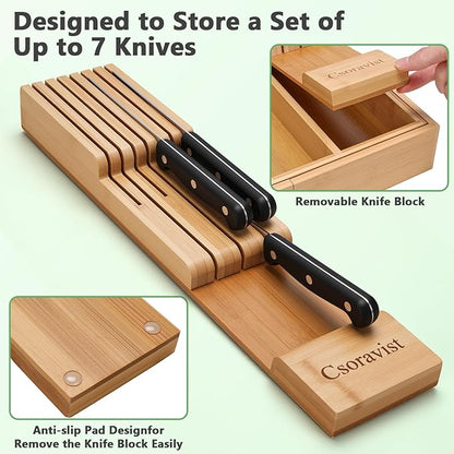 9-Piece Bamboo Kitchen Drawer Organizer Set, Expandable Silverware &Utensil Organizer with Removable Knife Block & Steak Knives, Flatware Organization, Tableware Dividers Storage(Natural)