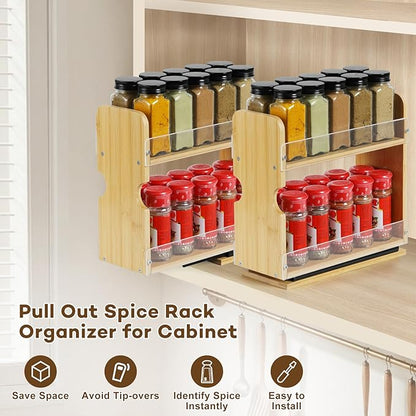 2 Tier Pull Out Spice Rack Organizer, Bamboo Sliding Spice Rack for Kitchen Cabinet, (4.4" W x 10.6" D x 10.4" H) Spice Storage, Pantry Organization