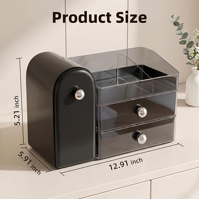 Makeup Organizer with Dustproof Brush Holder, Large Capacity Skincare & Cosmetic Storage for Vanity, 3-Tier Bathroom Countertop Organizer with Drawers for Perfume, Lipstick, Mask, Ideal Gift (Black)