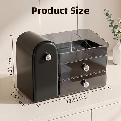 Makeup Organizer with Dustproof Brush Holder, Large Capacity Skincare & Cosmetic Storage for Vanity, 3-Tier Bathroom Countertop Organizer with Drawers for Perfume, Lipstick, Mask, Ideal Gift (Black)