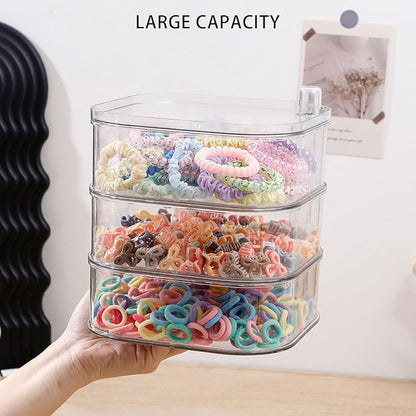 FABROK 3-Layer Hair Ties Organizer for Girls, Large Hair Accessories Storage Box for Clips, Scrunchies, Headbands, Rotating Bathroom and Vanity Container for Makeup Tools, Jewelry